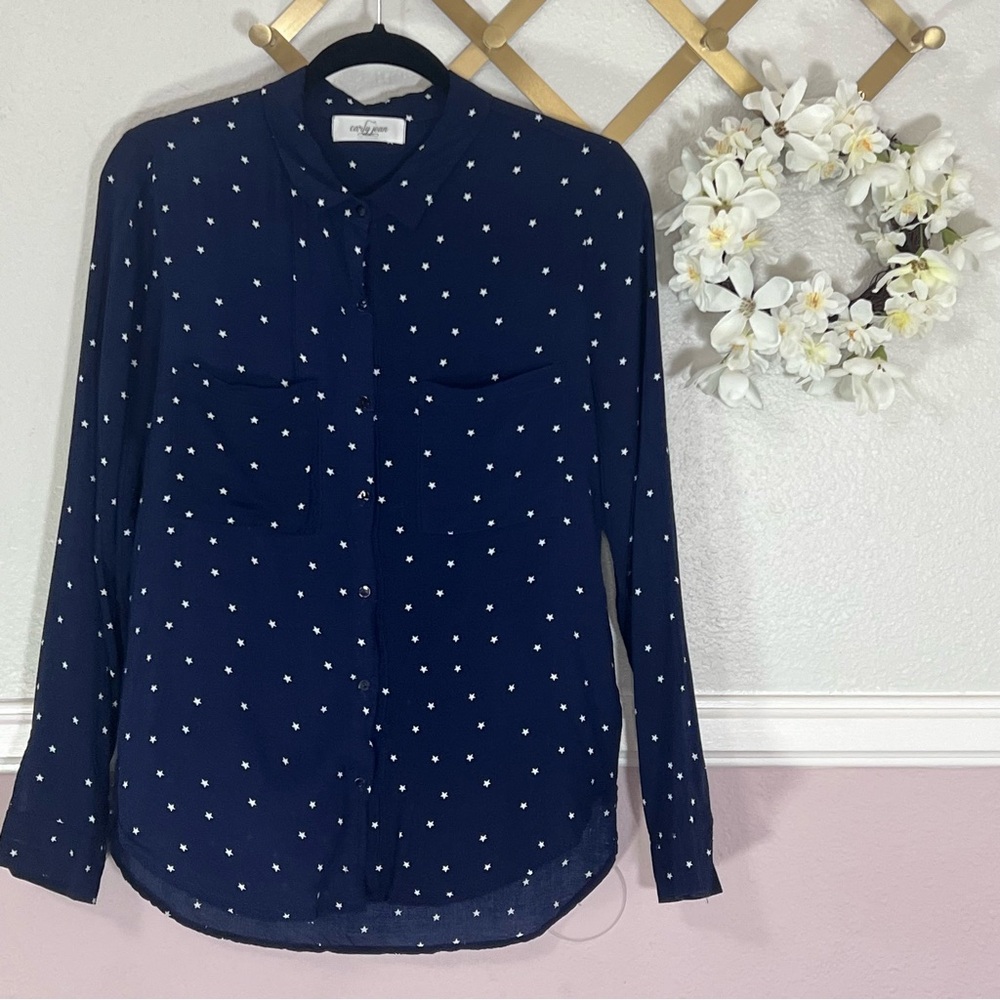 Navy Blue & White Star Women's Button Up Top